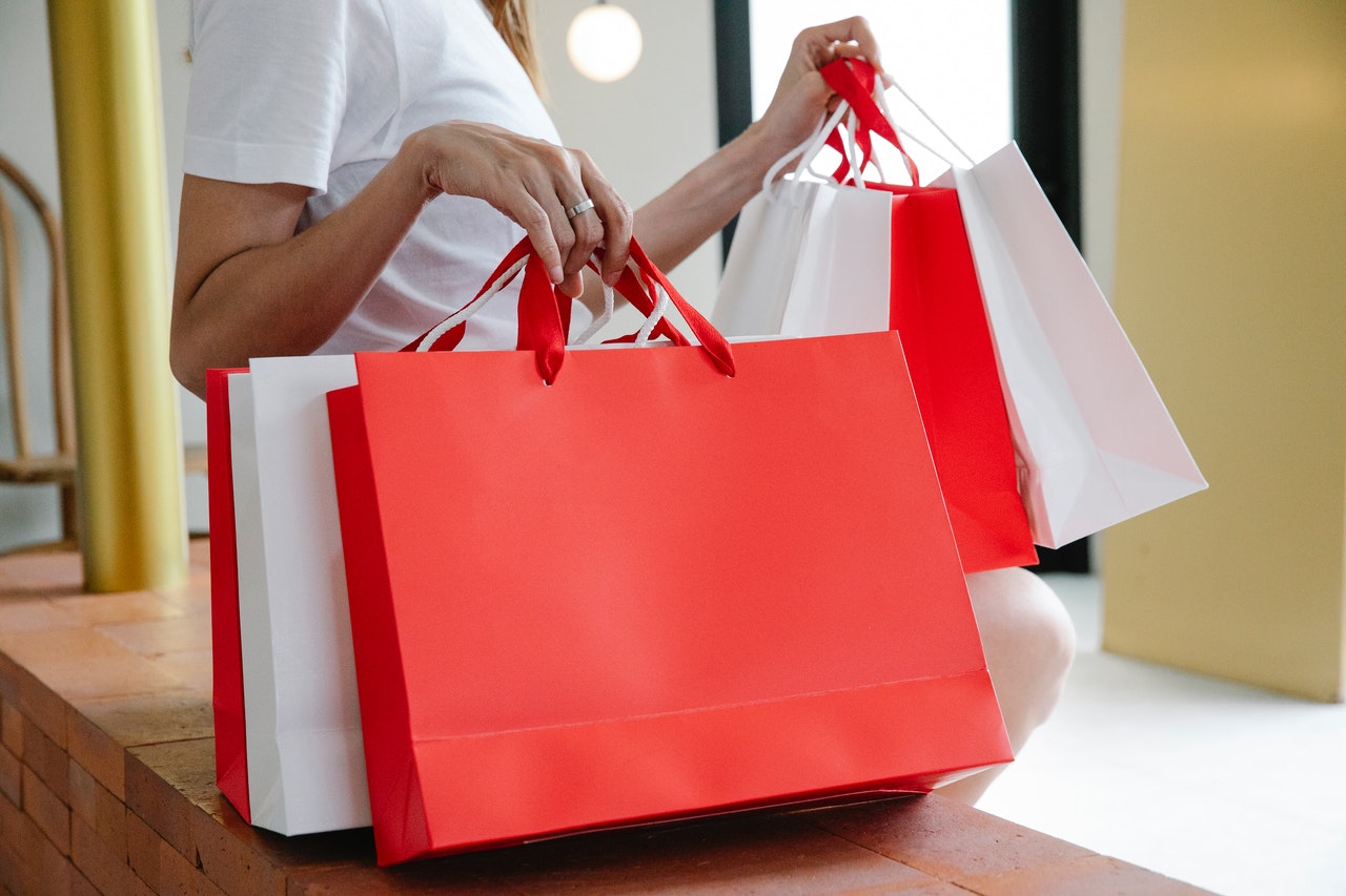 red & white shopping bags